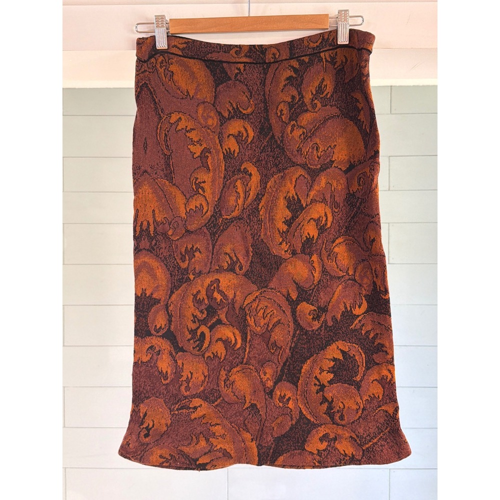 Peruvian Connection Rust Copper Pima Cotton Knit Scroll Jacquard Pencil Skirt M